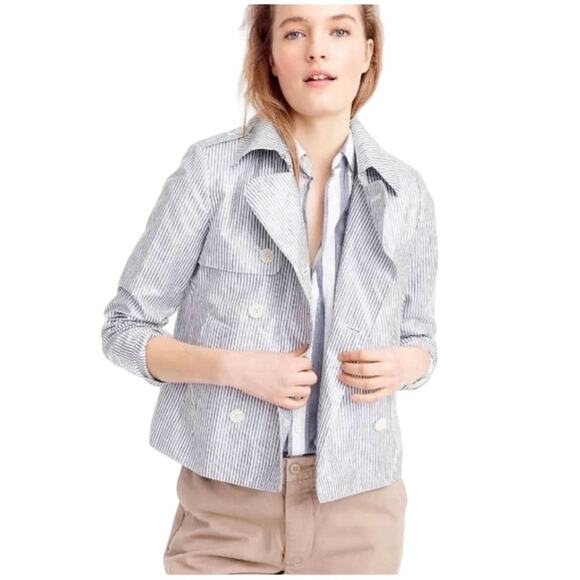 J. Crew Waxed Linen Blue and White Striped Crop Trench Jacket - Picture 2 of 16